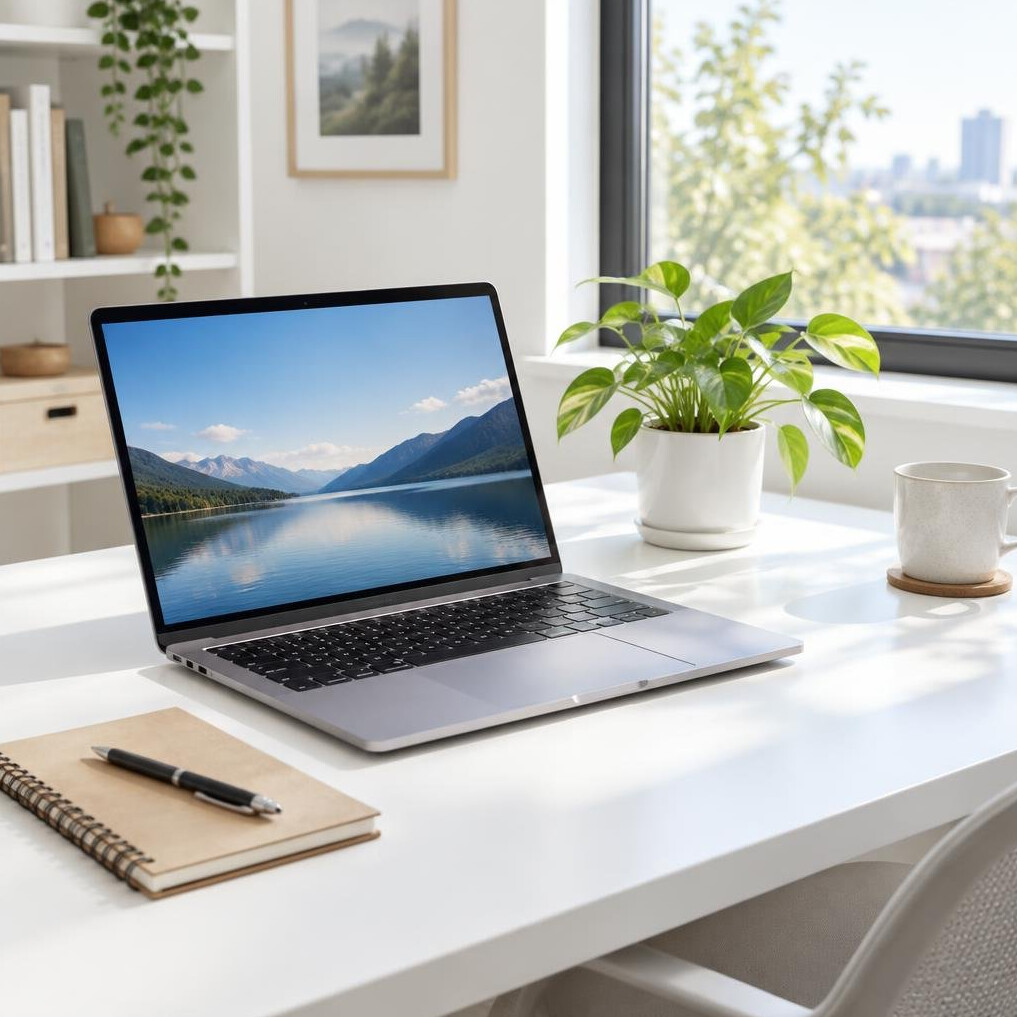 Modern bright workspace with laptop and plants